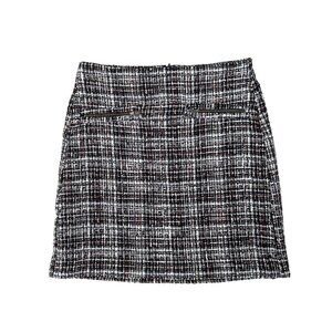 LOFT Women's Plaid Tweed Mini‎ Skirt Size 0 Black White Red Zip Accent Academia